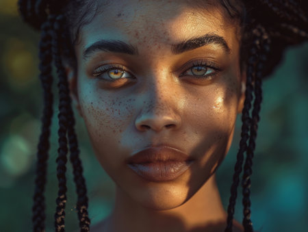 Captivating portrait of a young woman with striking featuresの素材