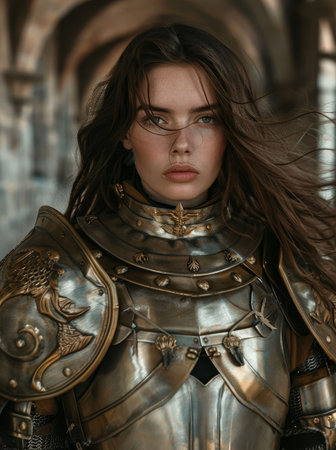 Fierce warrior woman in ornate armorの素材