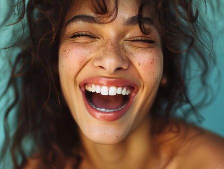 joyful woman with curly hair and frecklesの素材