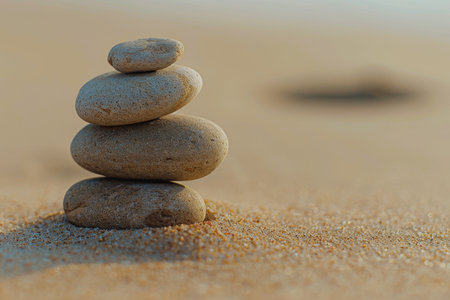 Stacked stones on sandy beachの素材