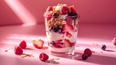 delicious layered parfait with fresh berries and granolaの素材