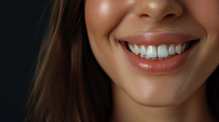 Close-up of a smiling woman's faceの素材