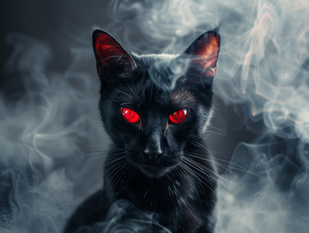 Mysterious black cat with glowing red eyes in smoky atmosphereの素材