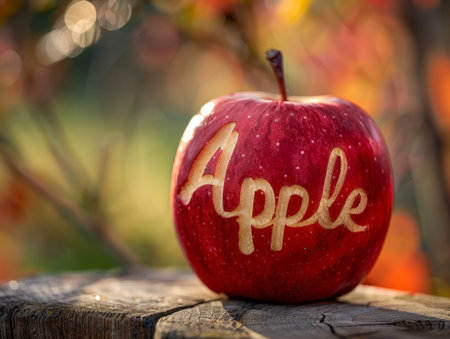 Vibrant red apple with carved textの素材