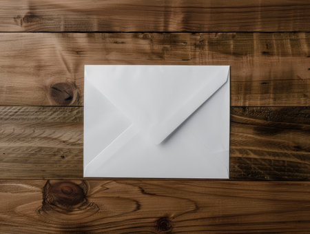 Blank white envelope on wooden backgroundの素材