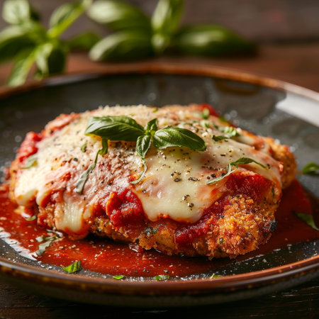 Delicious baked chicken parmesan with tomato sauce and melted cheeseの素材