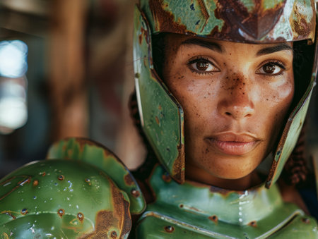 Closeup portrait of a woman with freckles and intense gazeの素材