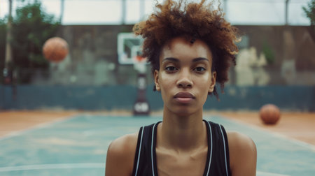 confident woman with curly hair on basketball courtの素材