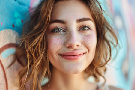 smiling woman with freckles and wavy hairの素材