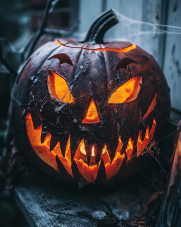 Spooky jack-o'-lantern with glowing eyes and mouthの素材