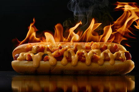 Flaming hot dog with melted cheeseの素材