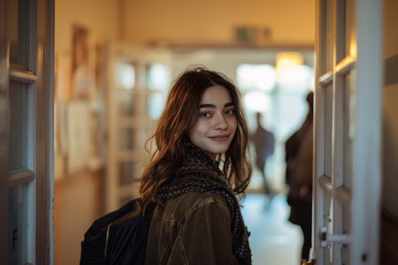 young woman in casual outfit smiling in doorwayの素材