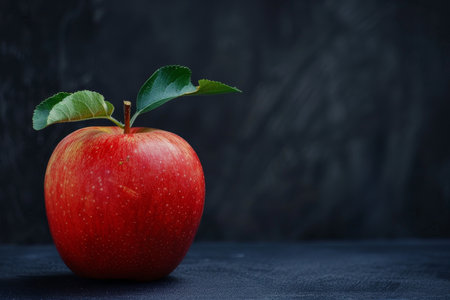 Juicy red apple with green leaves on dark backgroundの素材