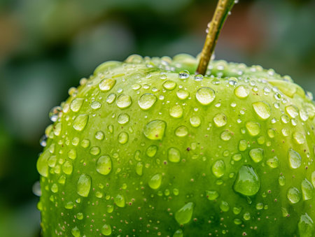 Close-up of a green apple with water dropletsの素材