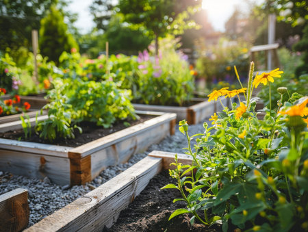 Vibrant vegetable garden with raised beds and colorful flowersの素材
