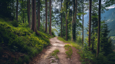 Peaceful forest path through lush green landscapeの素材