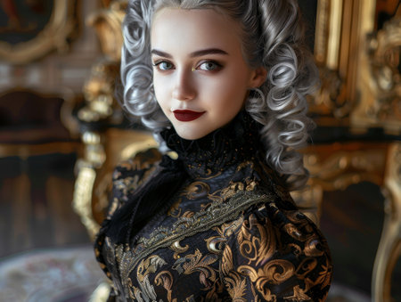 elegant woman with curly silver hair and red lipsの素材