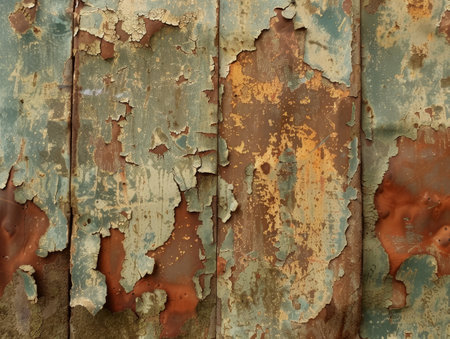 Weathered and distressed wooden surface with peeling paintの素材