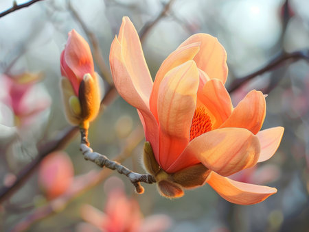 Vibrant orange magnolia flower blooming on branchの素材