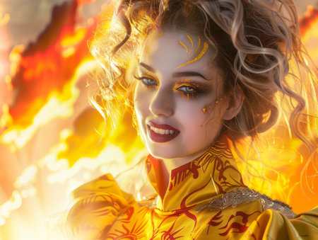 Vibrant fantasy portrait of a woman with glowing makeup and hairの素材