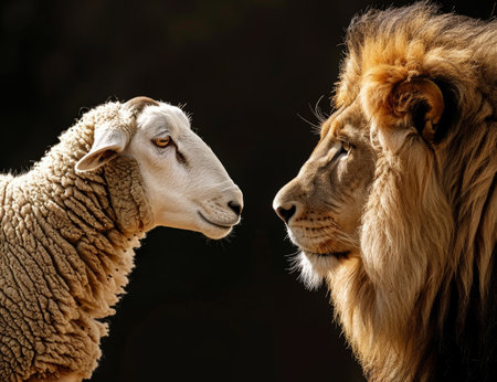 Powerful lion and gentle sheep face to faceの素材