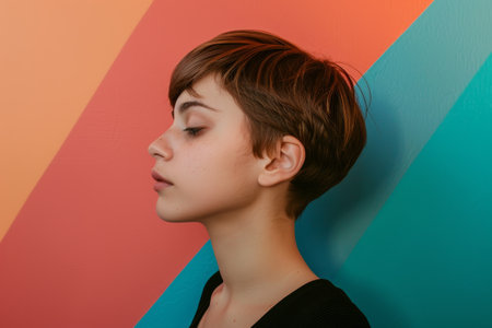 profile view of young woman with short brown hairの素材