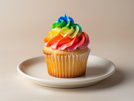 Colorful rainbow cupcake on a white plateの素材