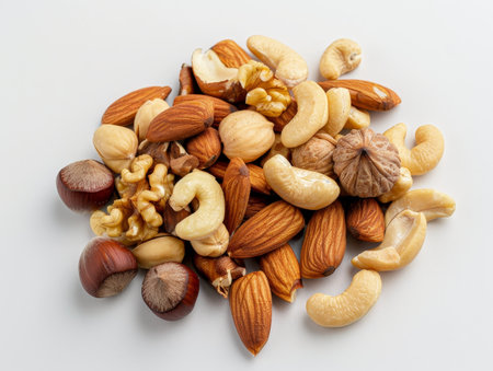 Assortment of healthy nuts on white backgroundの素材