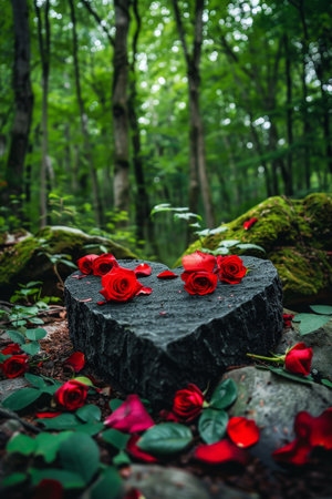 Vibrant red roses on a mossy log in a lush green forestの素材