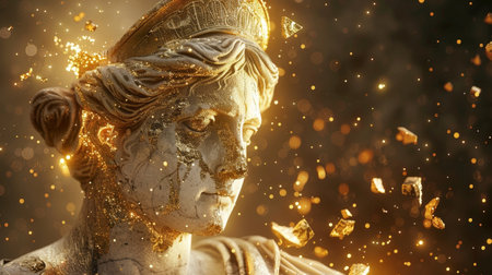 Glittering golden statue with sparkling lightsの素材