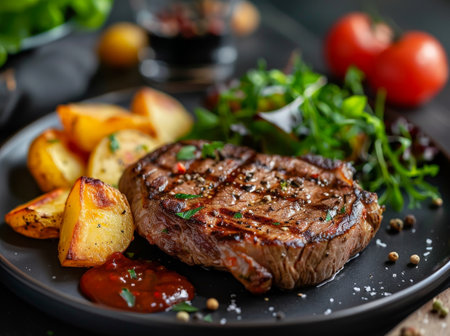 Grilled steak with roasted potatoes and fresh saladの素材