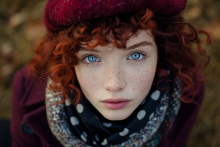 Thoughtful young woman with red curly hair and blue eyesの素材