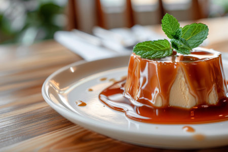 Delicious homemade flan dessert with caramel sauce and mint garnishの素材