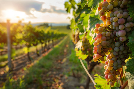 Ripe grapes on the vine in a vineyardの素材