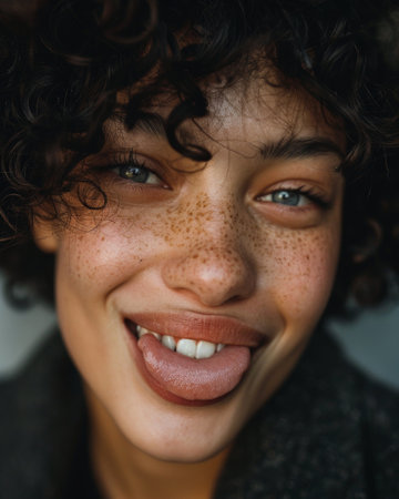 Smiling woman with curly hair and frecklesの素材