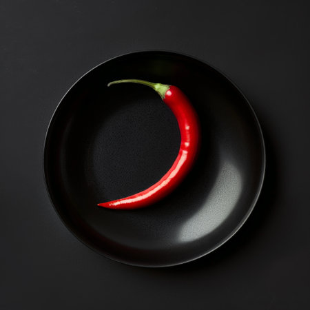 Vibrant red chili pepper on dark plateの素材