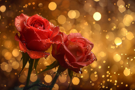 Sparkling red roses with golden bokeh backgroundの素材