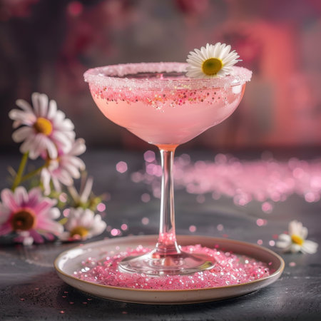 Sparkling pink cocktail with daisy flower garnishの素材