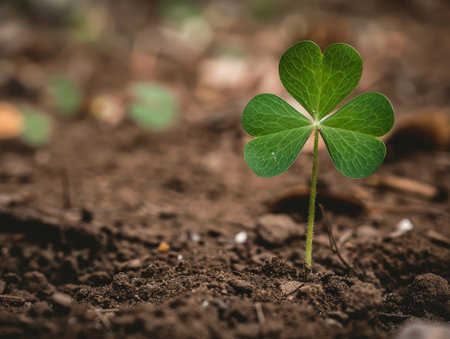 Vibrant green shamrock plant growing in soilの素材