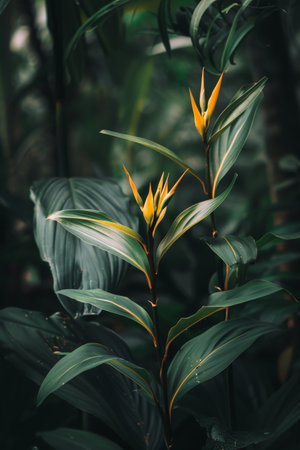Vibrant tropical flowers in lush green foliageの素材