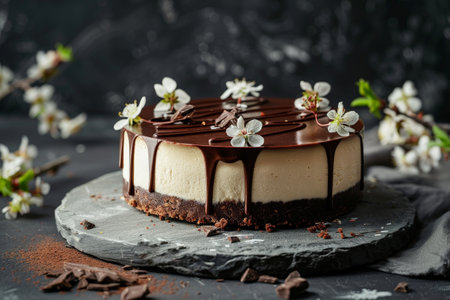 Decadent chocolate cake with white flowersの素材