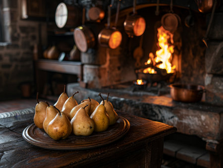cozy fireplace with pears on wooden tableの素材