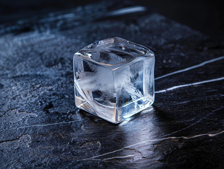 Frozen glass cube on dark surfaceの素材