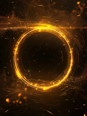 Glowing golden rings and sparks on dark backgroundの素材