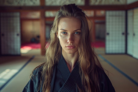 Serious young woman in martial arts uniformの素材