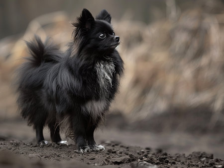 Fluffy black dog standing on dirt pathの素材