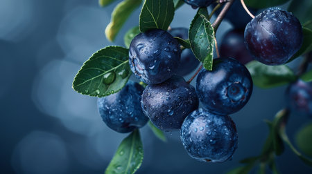 Ripe blueberries with water droplets on leavesの素材