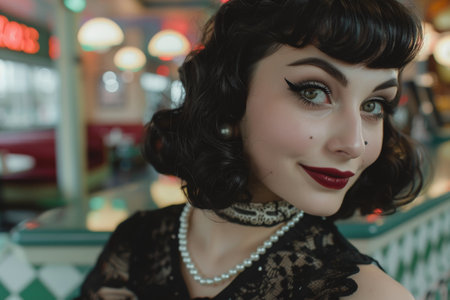 Vintage-inspired woman with dark curly hair and red lipsの素材