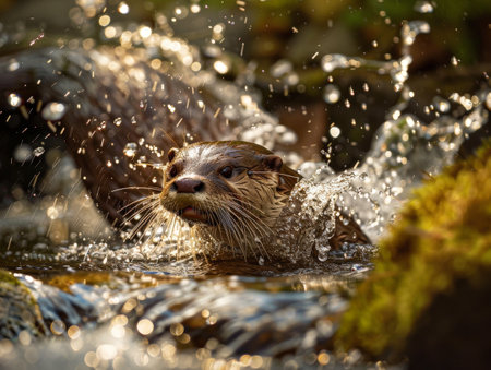 playful otter swimming in water with splashingの素材