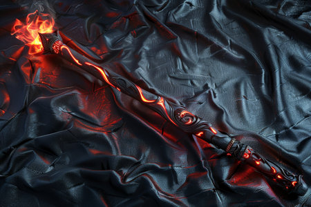 Fiery demonic sword on dark fabricの素材